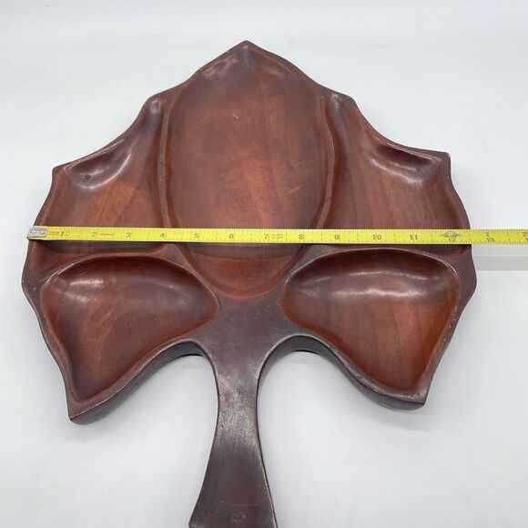 Vintage Solid Mahogany Leaf Tray Hand Carved Serving Dish Haiti Wood Platter 17” - Picture 10 of 10